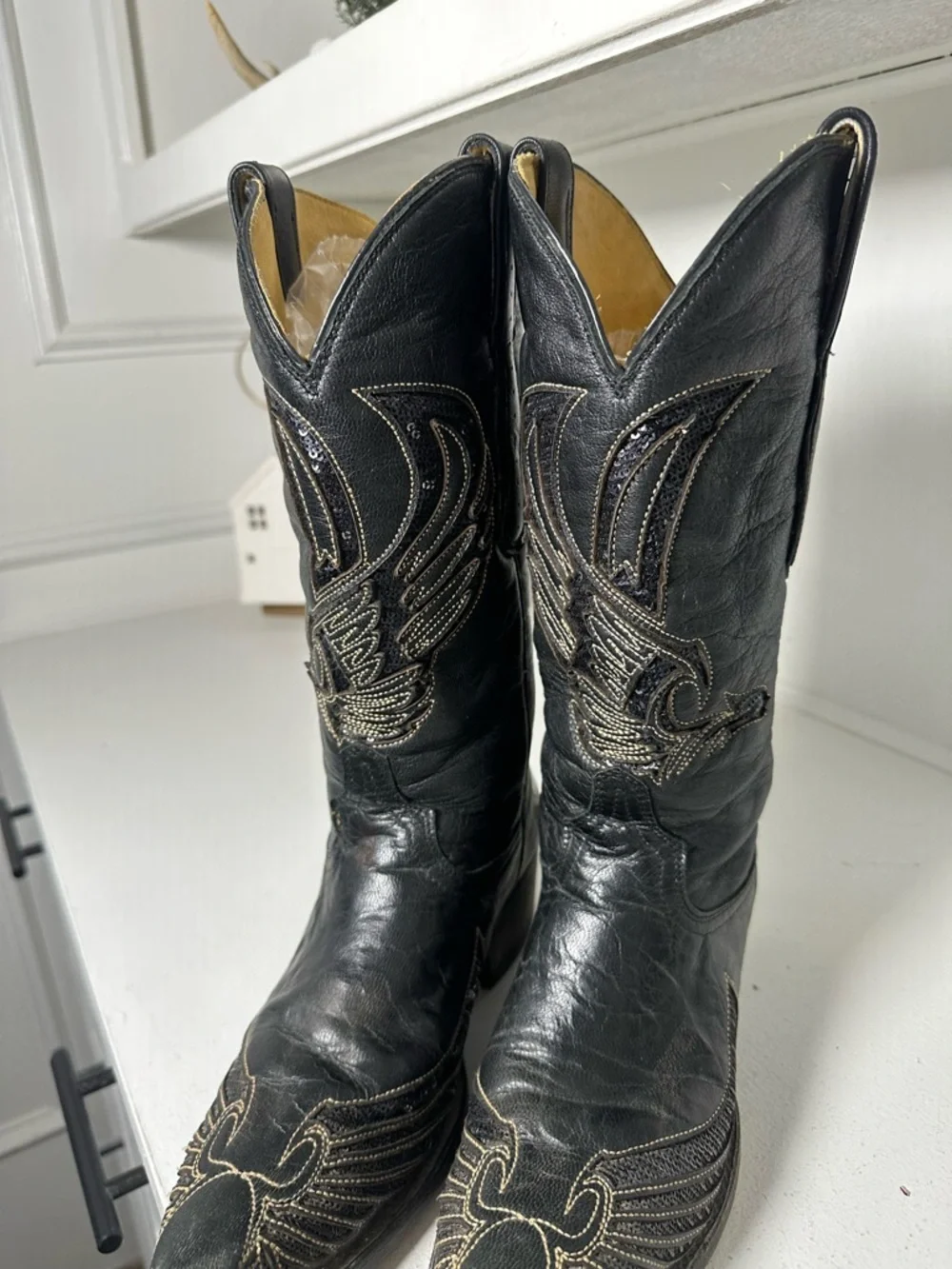 Rudel Womens 6.5E Black Leather Cowboy Boots Wing Stitch Western Embroidered - Picture 5 of 10